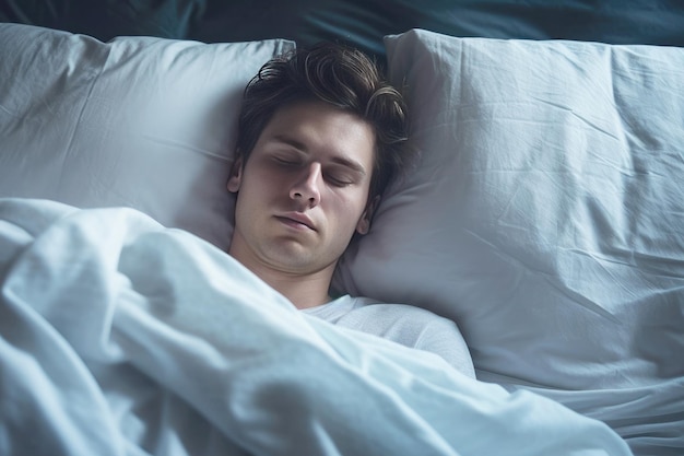 Sleepy man rests comfortably in white bed