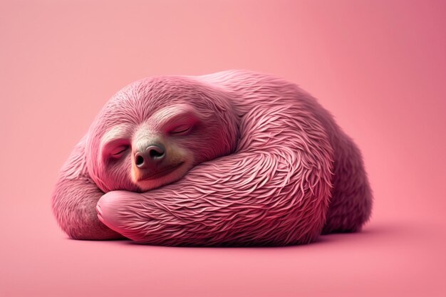 Photo sleepy pink sloth dreaming against a pink background generative ai