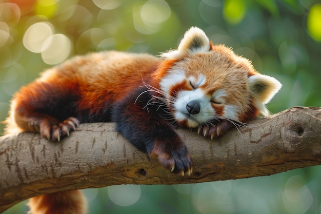 Sleepy red panda resting on a tree branch against a softfocus green background