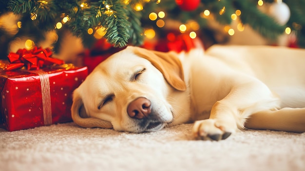 A sleepy retriever relaxing under the beautifully decorated Christmas tree with gifts nearby