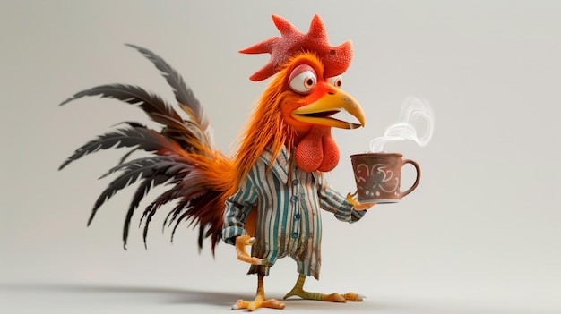 Photo sleepy rooster holding a mug of coffee wearing crumpled pajamas