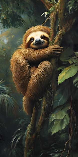 Sleepy sloth hanging from a tree limb