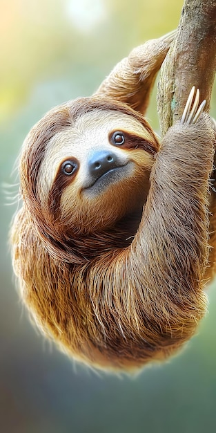 Sleepy sloth hanging from a tree limb