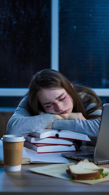 Sleepy student posing at table