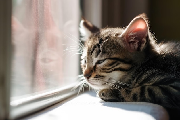 A sleepy tabby kitten beside a window Generative AI