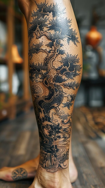 a sleeve tattoo of a dragon and the sea