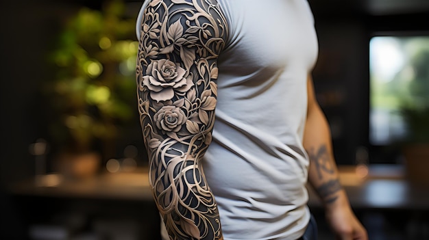 Photo a sleeve with a tattoo of roses and leaves