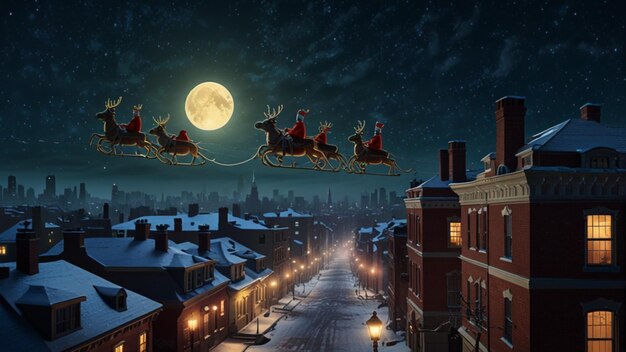 a sleigh flying over a city with reindeer on the roof