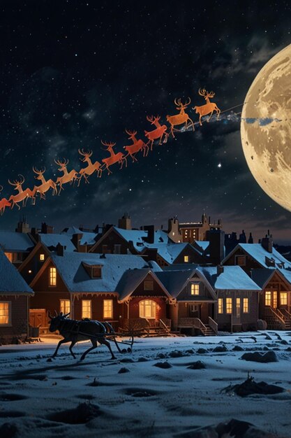 a sleigh flying over a village with reindeer and the moon in the background