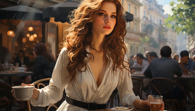 a slender and athletic redhead woman dressed as a businesswoman drinking her coffee on the terrace