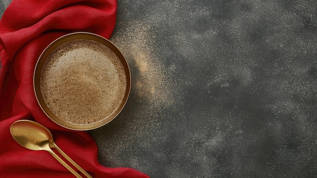 Photo a slender golden bowl brimming with creamy white kheer accompanied by a gleaming gold spoon resting atop a crimson tablecloth against a subtle grey backdrop