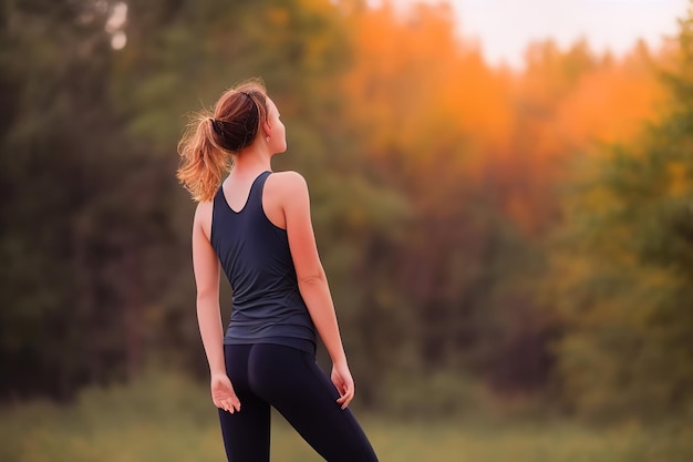 Slender healthy athletic girl enjoys a beautiful view after a workout view from the back