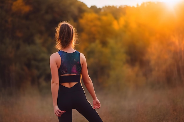 Slender healthy athletic girl enjoys a beautiful view after a workout view from the back