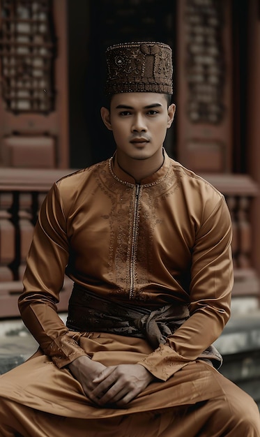 Photo slender male model with retro inspired baju melayu sets mal trendy vintage clothes photo collectiona