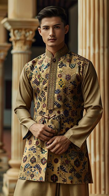 Photo slender male model with vintage inspired baju melayu sets m trendy vintage clothes photo collectiona