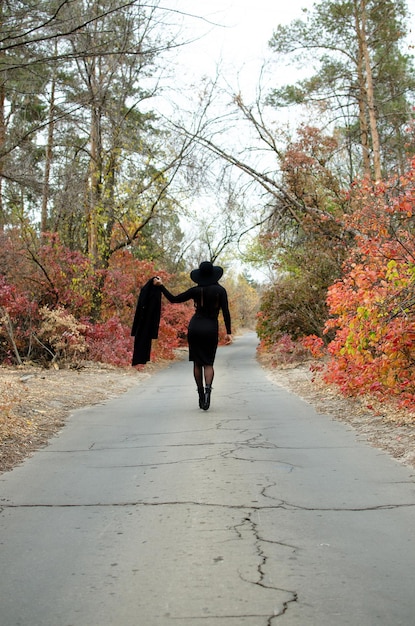 Slender woman in a black coat and hat in an autumn park walks along the road photo from the back