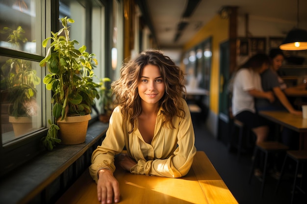 A slender young woman with dark hair in a yellow dress at a small table