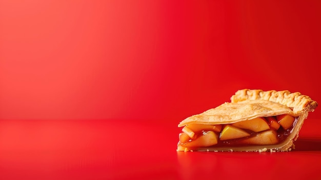 A slice of apple pie with a goldenbrown crust against red background