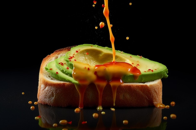 A slice of avocado with a splash of red sauce being poured over it.