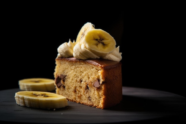 A slice of banana cake with chocolate chips on top