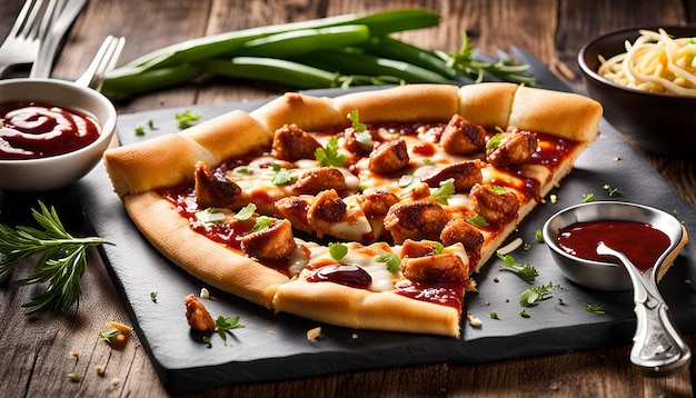 A slice of bbq chicken pizza with barbecue sauce