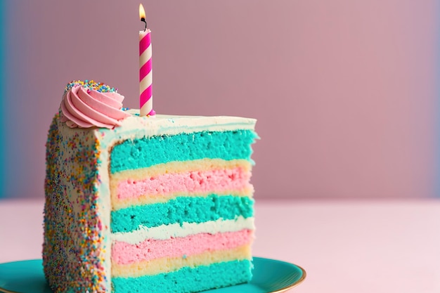 Slice of birthday cake with layers of turquoise frosting and one pink candle