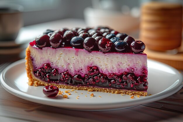 A slice of blueberry cheesecake with a piece on the side showing clear texture