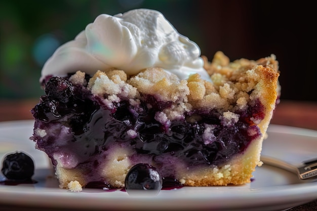 A slice of blueberry cobbler on a white plate on a dark background