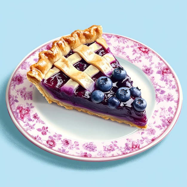 A slice of blueberry pie on a decorative plate