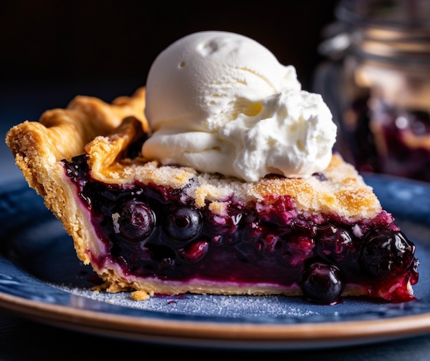 A slice of blueberry pie with a dollop of whipped