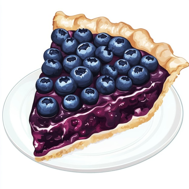 A slice of blueberry pie with a flaky crust topped with fresh blueberries and a sweet purple filling