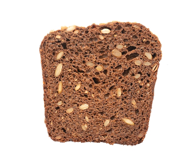 Slice of brown grain bread with seeds isolated on white clipping path