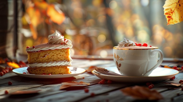 Photo a slice of cake and a cup of coffee in autumn