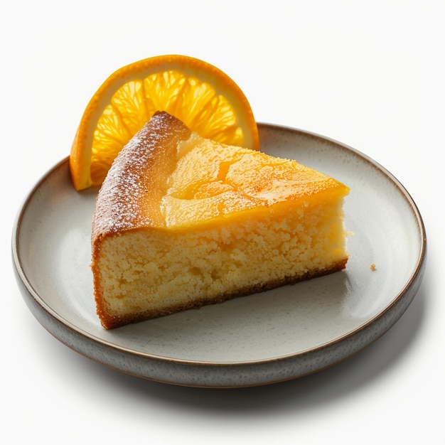 a slice of cake is on a plate with three slices of oranges