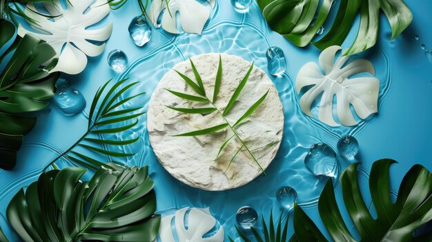 Photo a slice of cake placed on a plate amidst tropical leaves