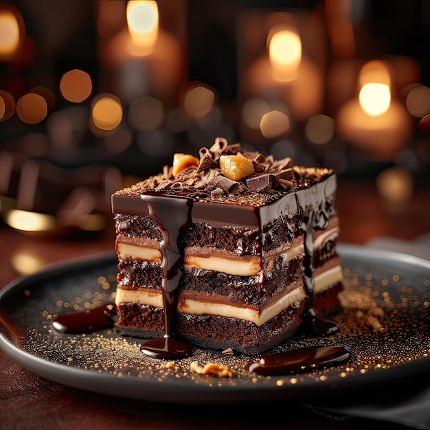 Slice of Cake on Plate With Candle Background A delicious slice of cake sits on a plate