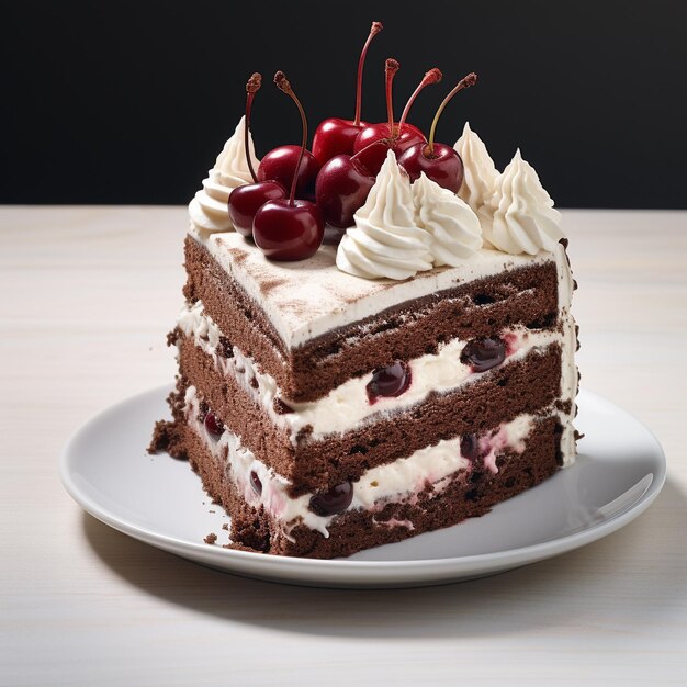 a slice of cake sits on a plate with cherries on it