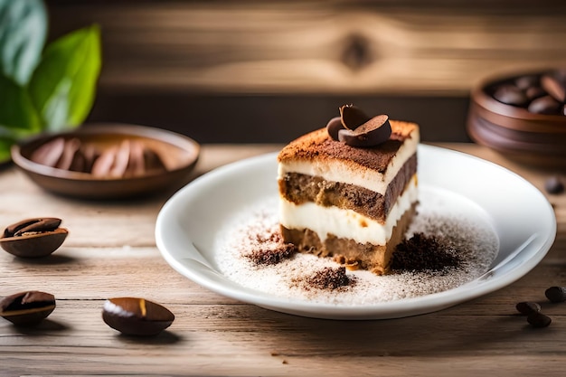 a slice of cake sits on a plate with a chocolate candy bar in the background