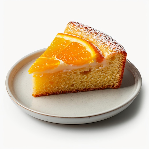 a slice of cake sits on a plate with a slice of orange on it