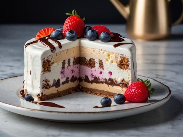 a slice of cake with berries on it and a chocolate bar on the top