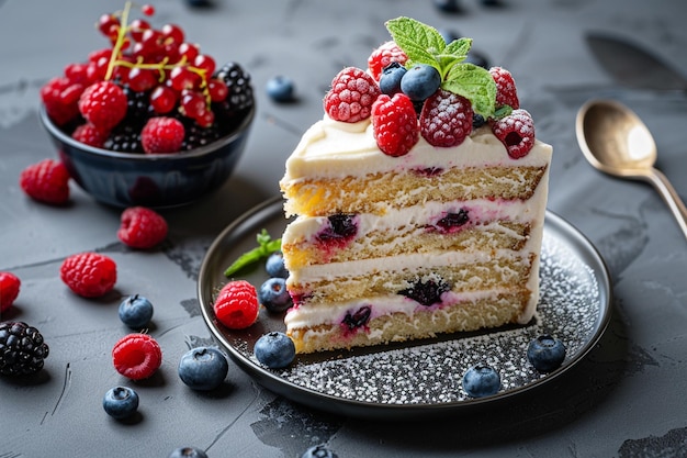 Slice of Cake with Berries on Side