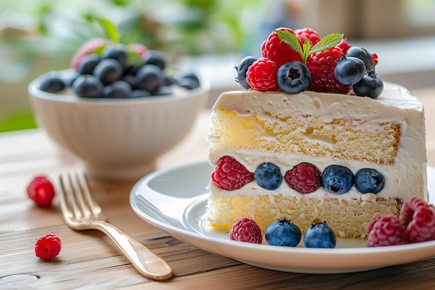 Slice of Cake with Berries on Side