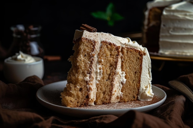 A slice of cake with a chocolate cream cheese frosting on top