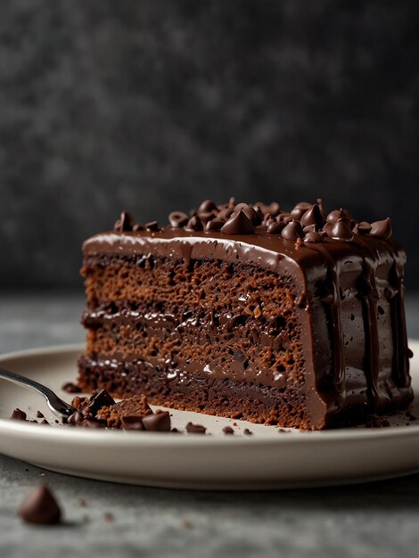 Photo a slice of cake with chocolate frosting and chocolate chips on a plate