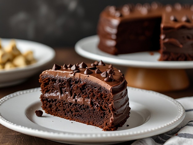 Photo a slice of cake with chocolate frosting and chocolate chips on a plate