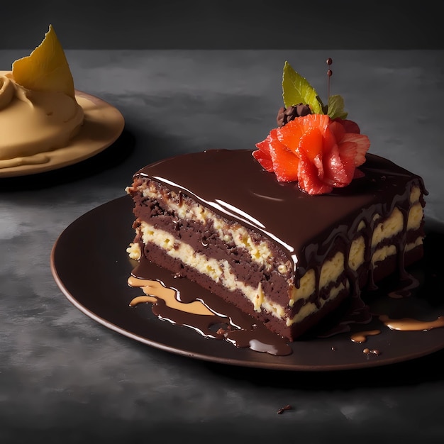 a slice of cake with chocolate frosting and a flower on the top.