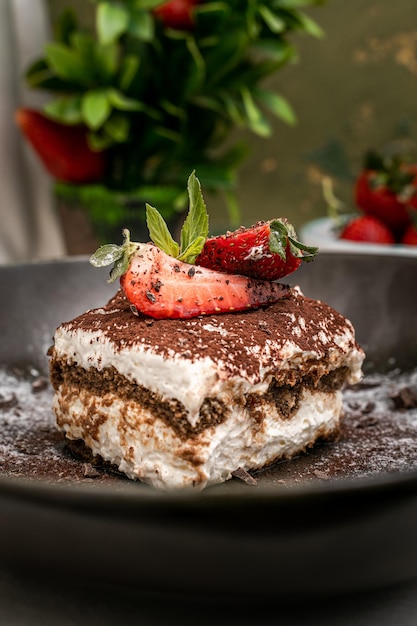 Slice of cake with chocolate and strawberry in plate with green plant background