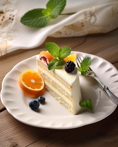 A slice of cake with a fruit on it