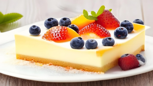 A slice of cake with fruit on it