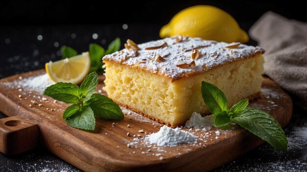 Photo a slice of cake with lemon and lemon on a wooden board